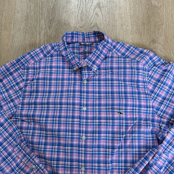 Vineyard Vines Shirt Mens Xl Blue Pink Plaid OTG On the Go Performance brr Nylon - Picture 3 of 9